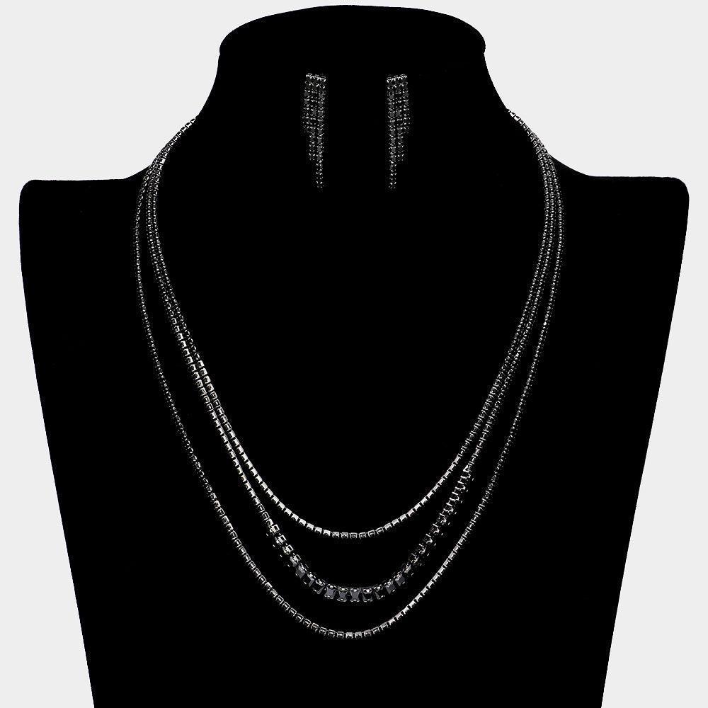 Black CZ Square Stone Detailed Triple Layered Necklace - Jewelry Store by Erik Rayo