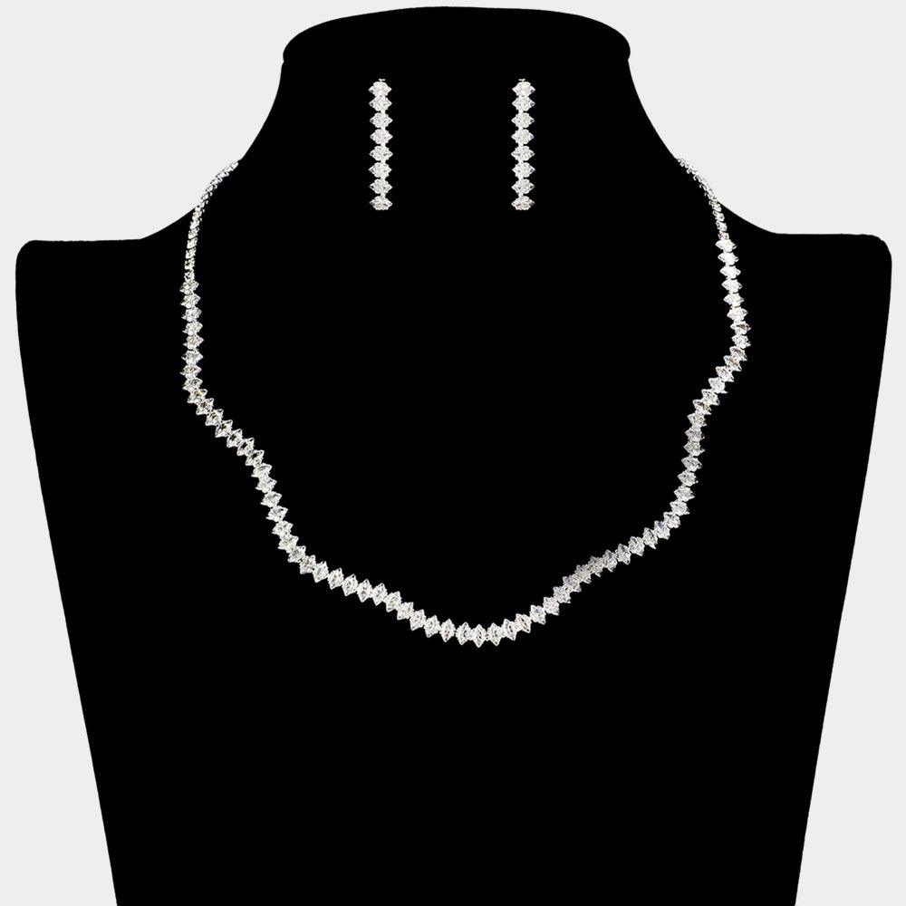 Silver CZ Wavy Necklace Rhinestone Paved