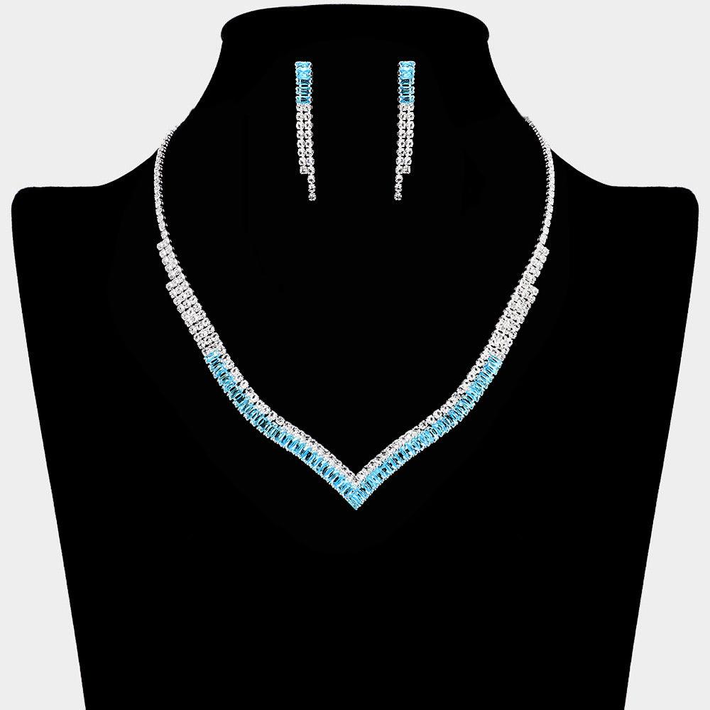 Turquoise CZ V Shape Necklace Rhinestone Paved