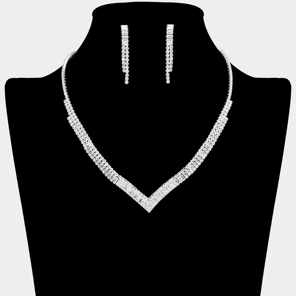 Silver CZ V Shape Necklace Rhinestone Paved