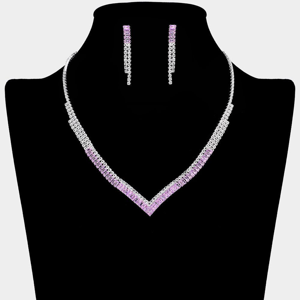 Silver CZ V Shape Necklace Rhinestone Paved