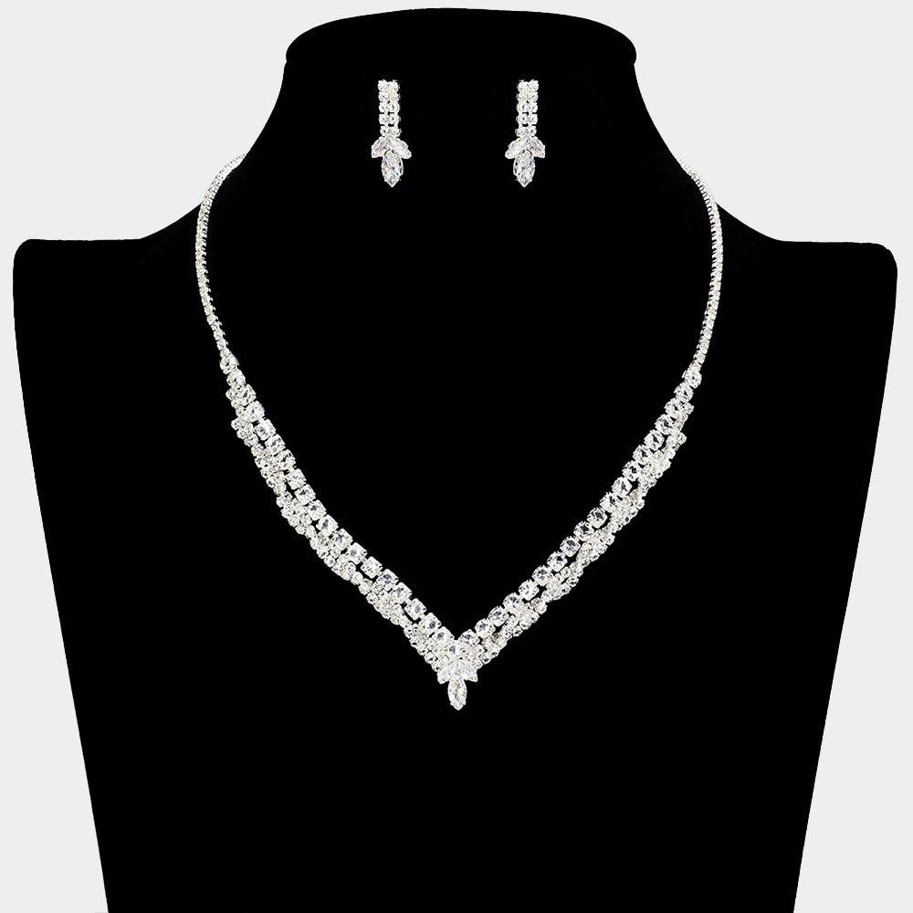 Silver CZ V Shape Necklace Rhinestone Paved