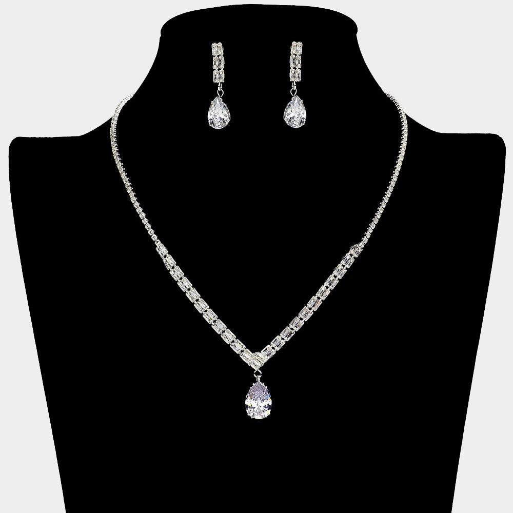 Silver Teardrop CZ Stone Pointed Necklace Rhinestone Paved