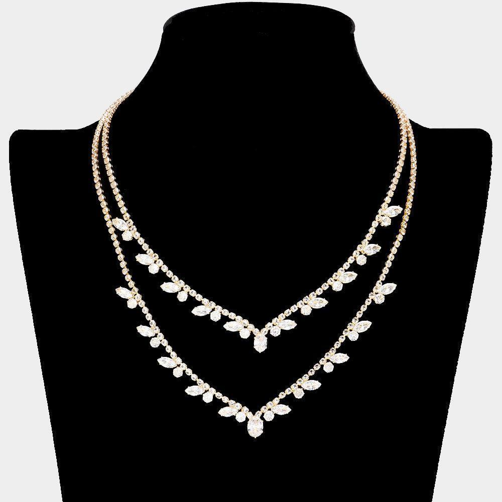 Gold CZ Marquise Round Stone Pointed Rhinestone Paved Double Layered Necklace - Jewelry Store by Erik Rayo