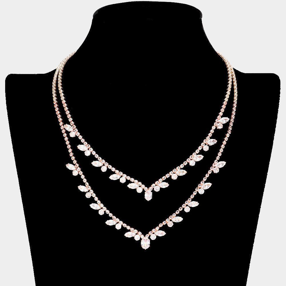 Gold CZ Marquise Round Stone Pointed Rhinestone Paved Double Layered Necklace - Jewelry Store by Erik Rayo