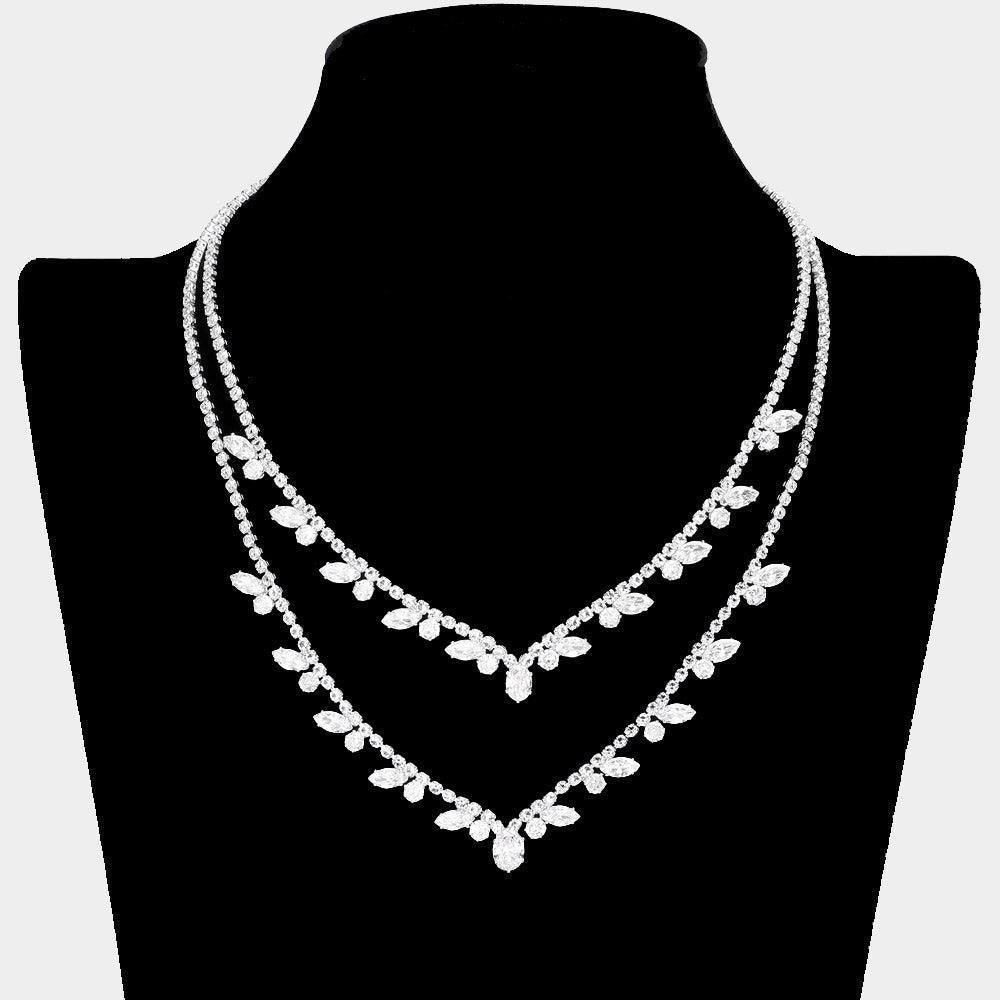 Silver CZ Marquise Round Stone Pointed Rhinestone Paved Double Layered Necklace - Jewelry Store by Erik Rayo