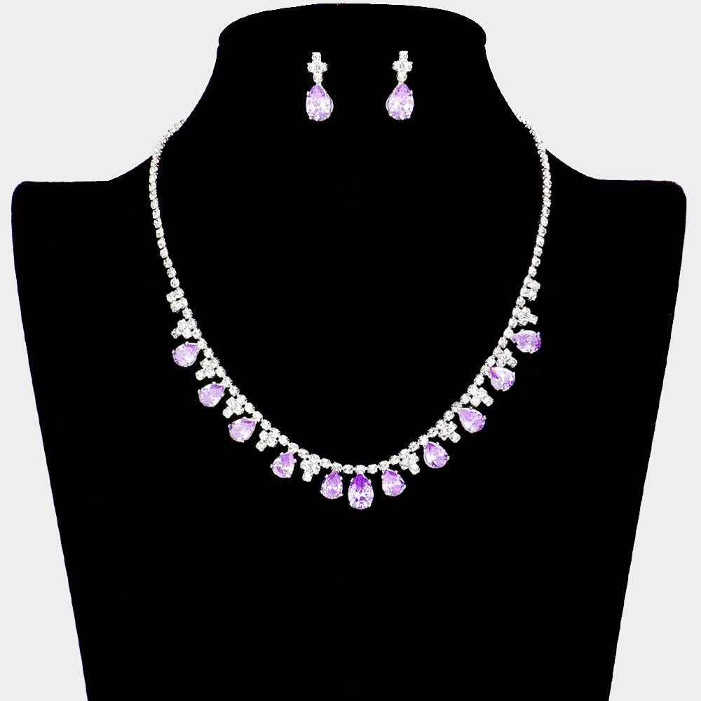 Silver CZ Teardrop Stone Embellished Necklace Rhinestone Paved