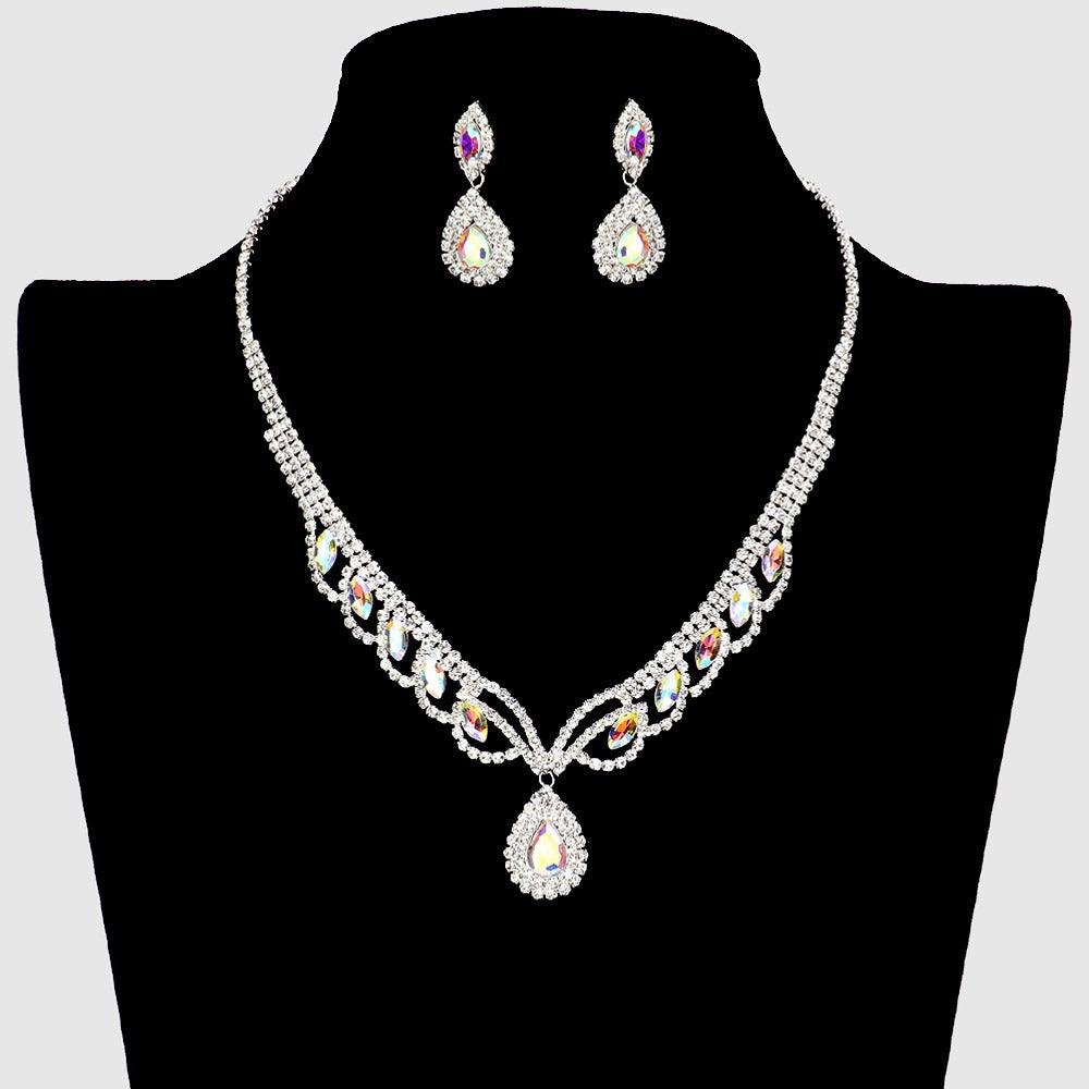 Silver Teardrop Stone Pointed Necklace Rhinestone Paved