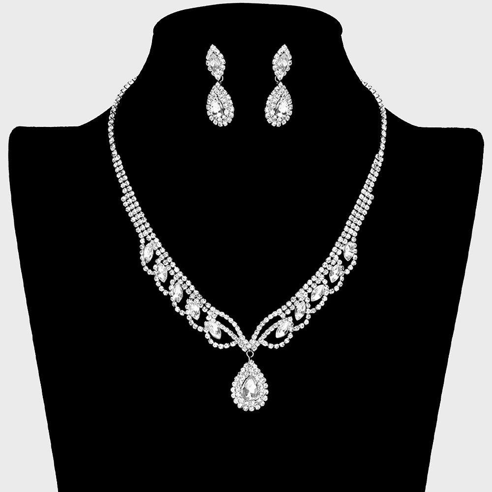 Silver Teardrop Stone Pointed Necklace Rhinestone Paved