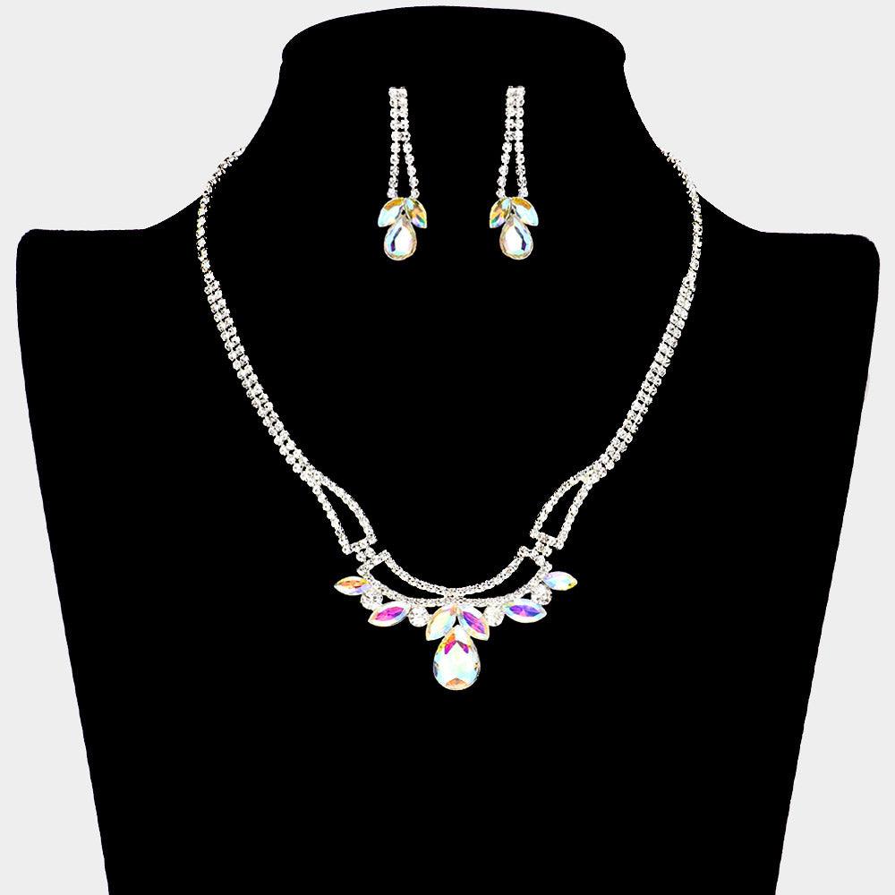 Silver Teardrop Marquise Stone Pointed Necklace Rhinestone Paved