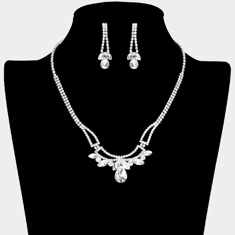 Silver Teardrop Marquise Stone Pointed Necklace Rhinestone Paved