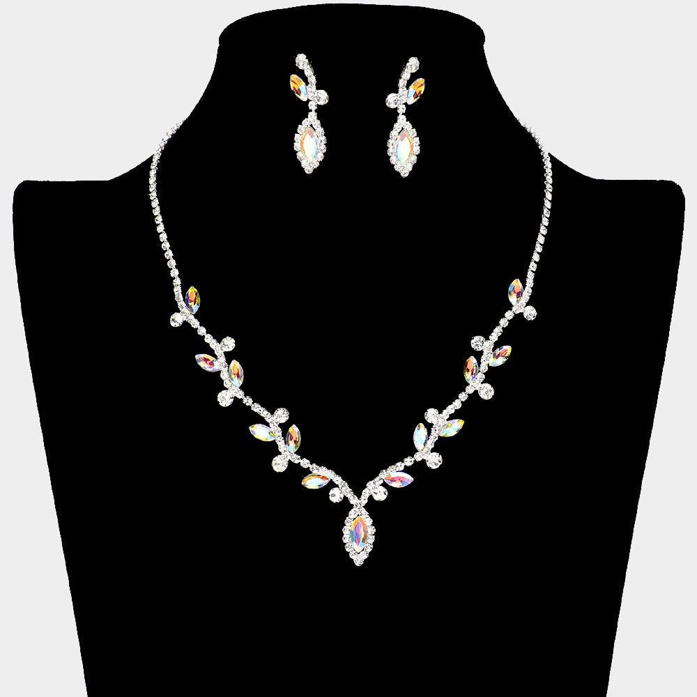 Silver Marquise Stone Accented Vine Necklace Rhinestone Paved