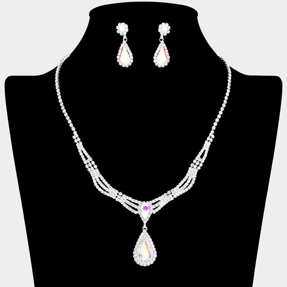 Silver Teardrop Stone Pointed Necklace Rhinestone Paved