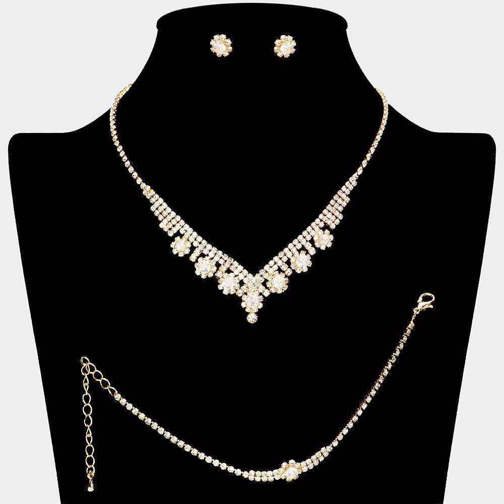 Gold CZ Flower Pointed Necklace Jewelry Set Rhinestone Paved - Jewelry Store by Erik Rayo