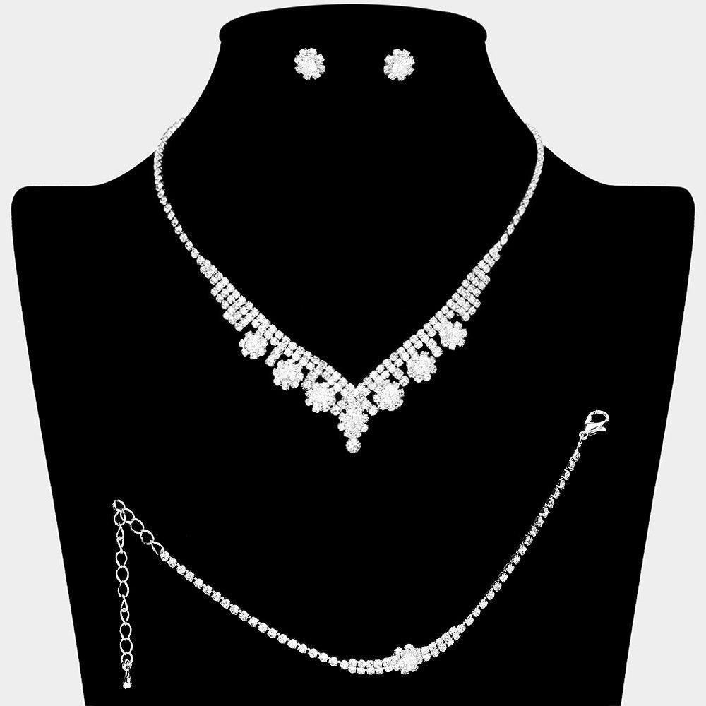 Silver CZ Flower Pointed Necklace Jewelry Set Rhinestone Paved - Jewelry Store by Erik Rayo
