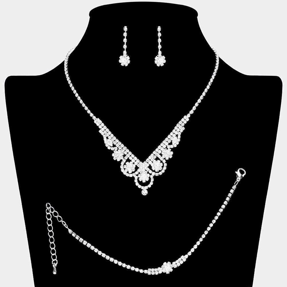 Silver CZ Flower Pointed Necklace Jewelry Set Rhinestone Paved - Jewelry Store by Erik Rayo