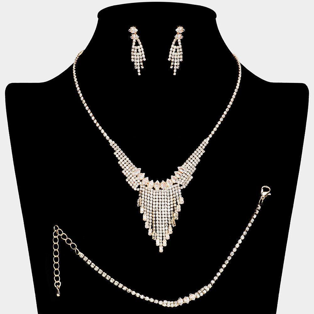 Gold Marquise CZ Stone Pointed Fringe Necklace Rhinestone Paved - Jewelry Store by Erik Rayo