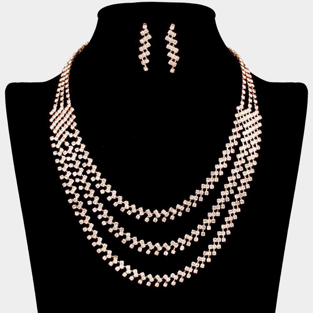 Gold Triple Layered Necklace Rhinestone Paved - Jewelry Store by Erik Rayo