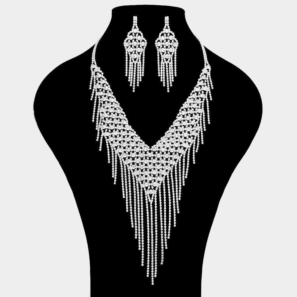 Silver Round Stone Accented Dropped Rhinestone Necklace - Jewelry Store by Erik Rayo