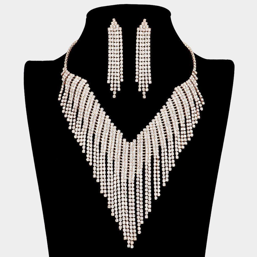 Gold Rhinestone Fringe V Shaped Necklace - Jewelry Store by Erik Rayo
