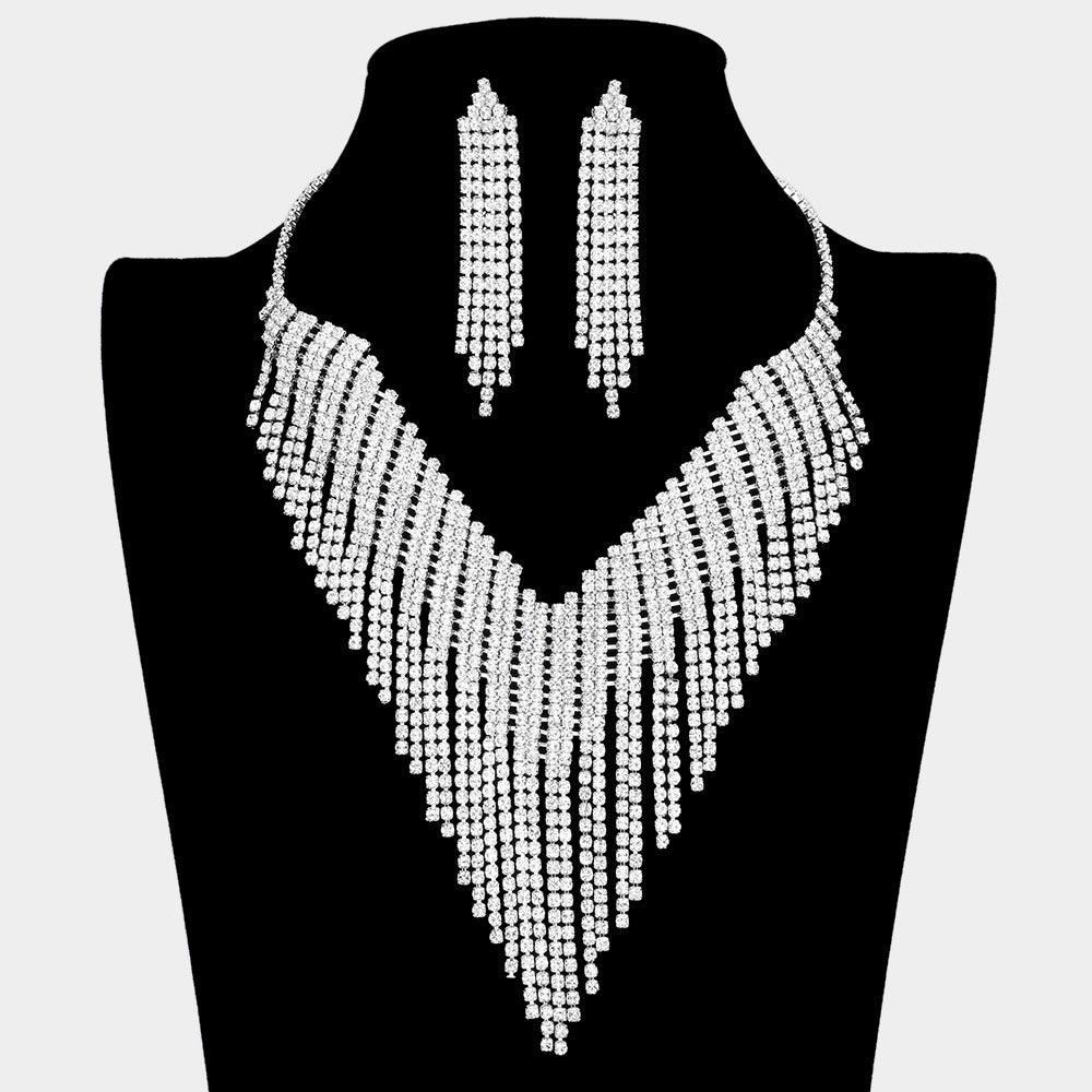 Silver Rhinestone Fringe V Shaped Necklace