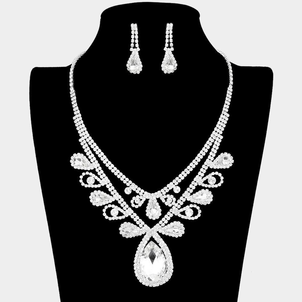 Silver Teardrop Accented Rhinestone Necklace