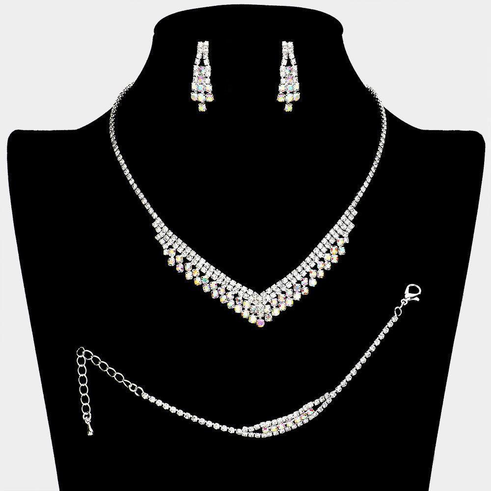 Silver V Shaped Necklace Jewelry Set Rhinestone Paved - Jewelry Store by Erik Rayo