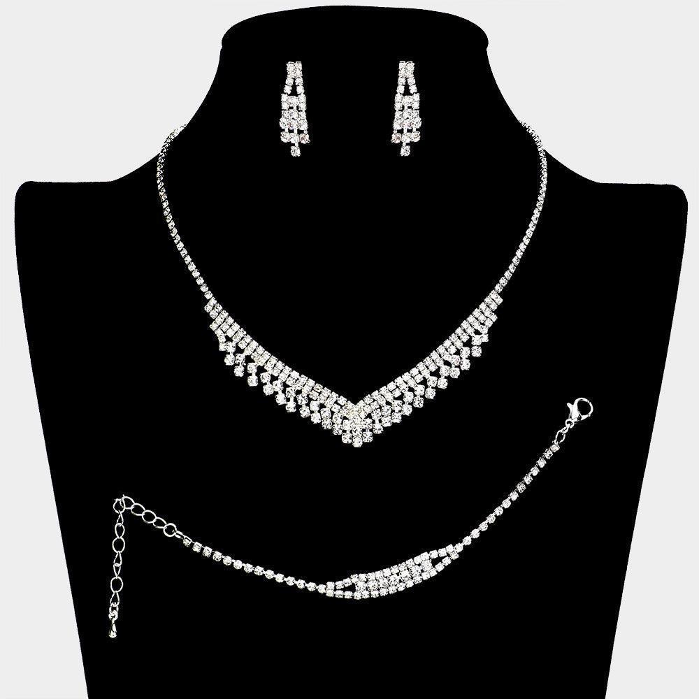 Silver V Shaped Necklace Jewelry Set Rhinestone Paved - Jewelry Store by Erik Rayo
