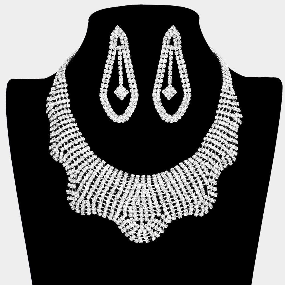 Silver Wavy Necklace Rhinestone Paved