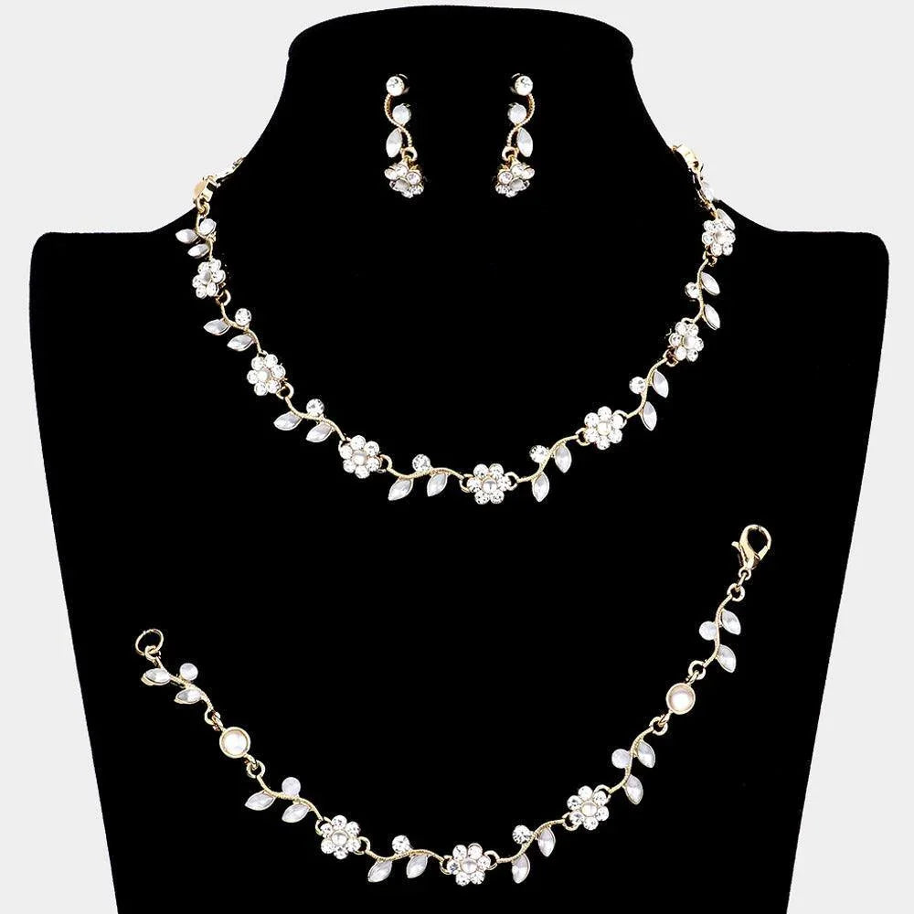 Clear 3 Piece Flower Leaf Cluster Rhinestone Necklace Jewelry Set - Jewelry Store by Erik Rayo