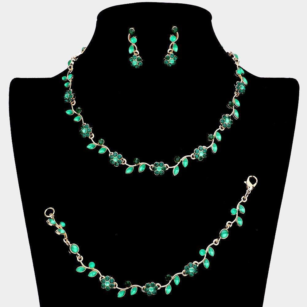 Gold 3 Piece Flower Leaf Cluster Rhinestone Necklace Jewelry Set - Jewelry Store by Erik Rayo
