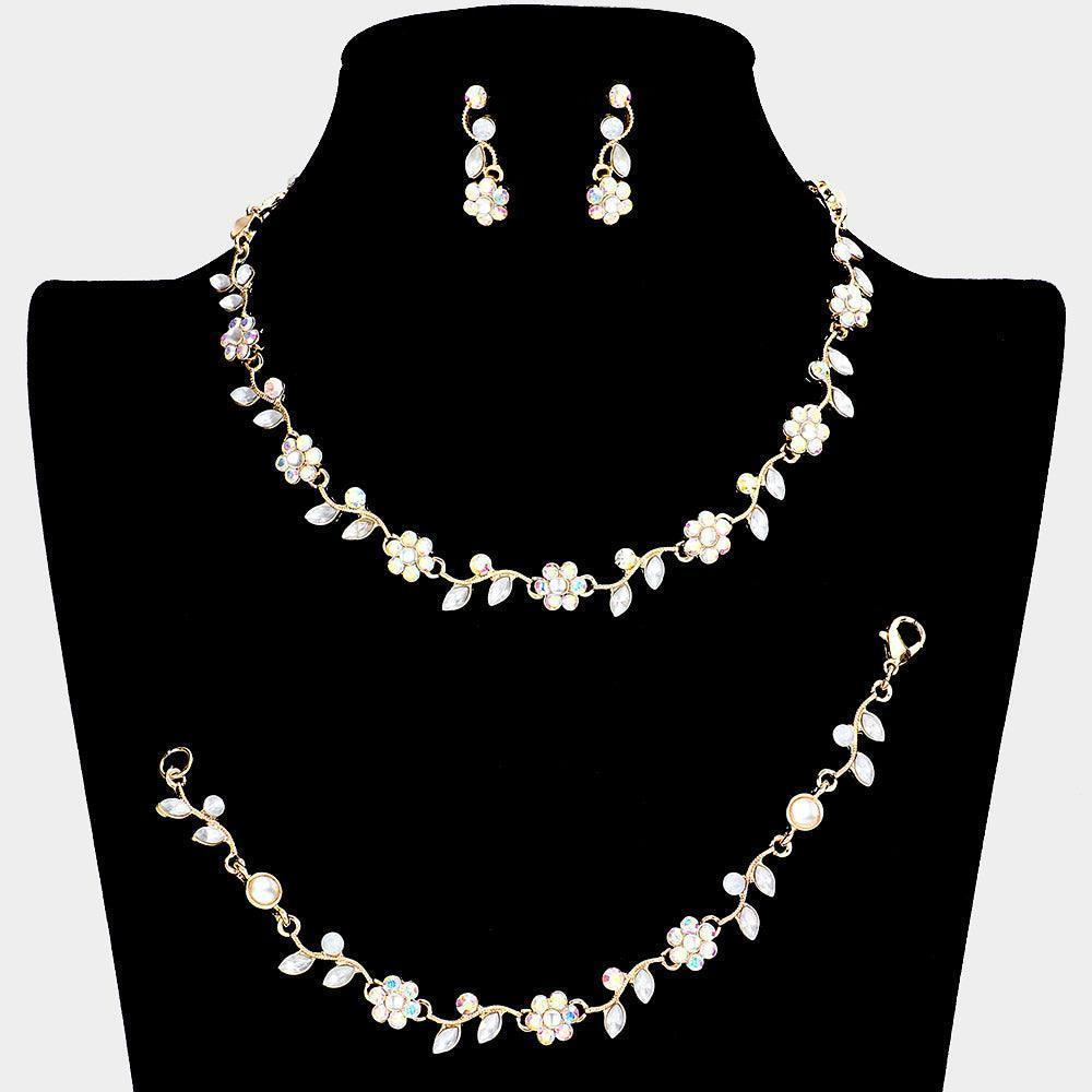 Gold 3 Piece Flower Leaf Cluster Rhinestone Necklace Jewelry Set