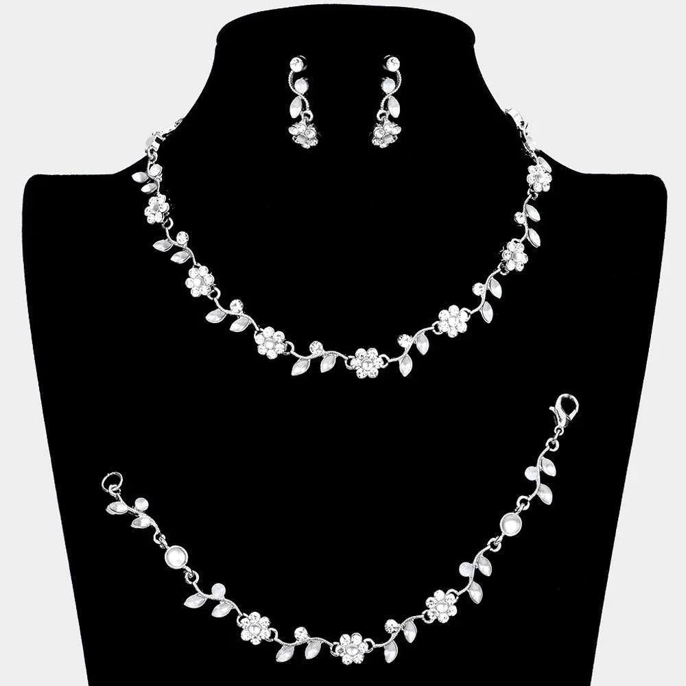 Clear 3 Piece Flower Leaf Cluster Rhinestone Necklace Jewelry Set - Jewelry Store by Erik Rayo