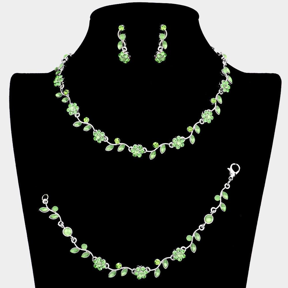 Green 3 Piece Flower Leaf Cluster Rhinestone Necklace Jewelry Set