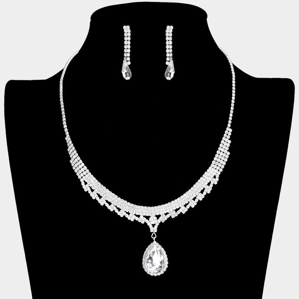 Silver CZ Teardrop Accented Rhinestone Necklace