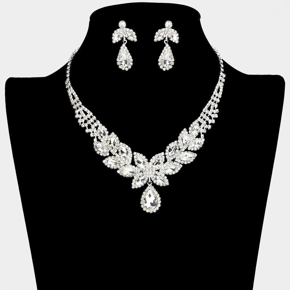 Silver Rhinestone Flower Teardrop Stone Pointed Necklace - Jewelry Store by Erik Rayo