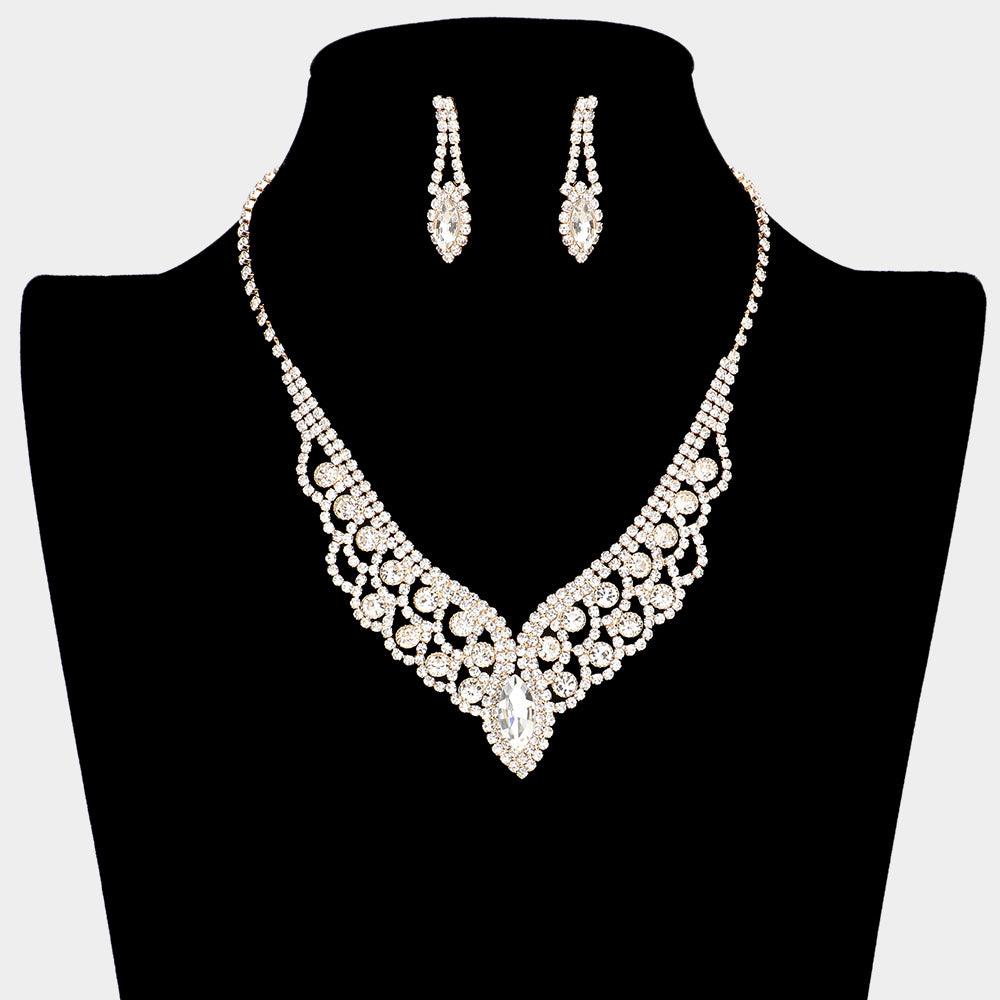 Gold Oval Crystal V Collar Necklace Rhinestone Paved