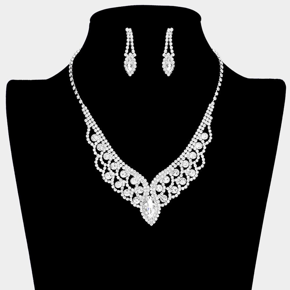 Silver Oval Crystal V Collar Necklace Rhinestone Paved