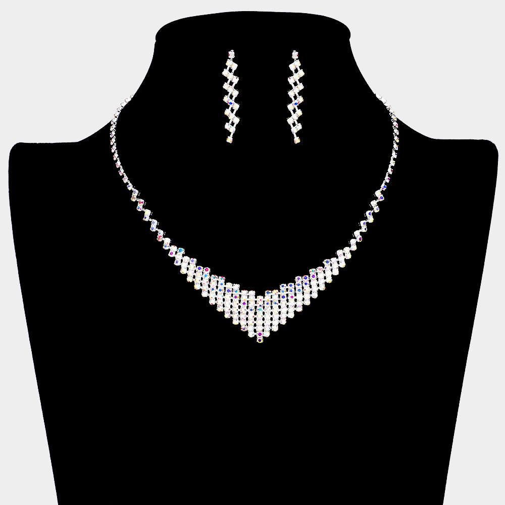 Silver V Shaped Necklace Rhinestone Paved