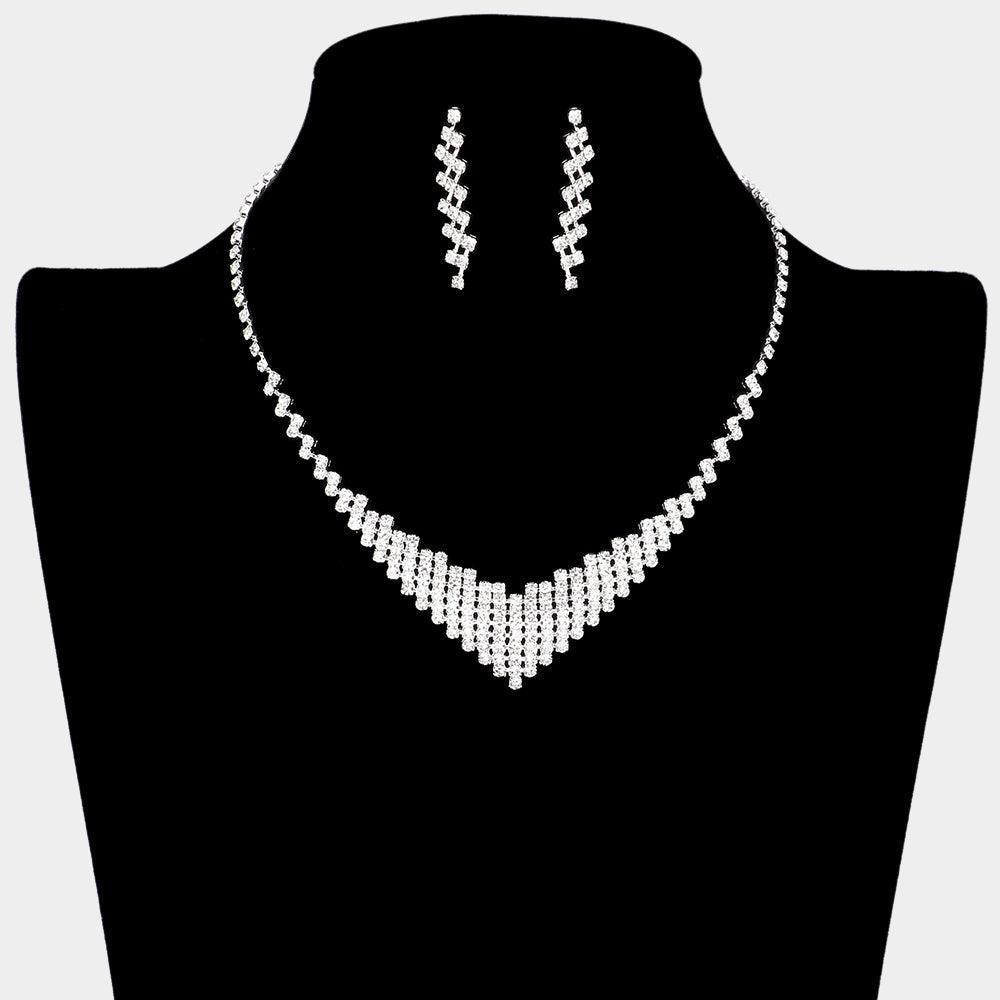 Silver V Shaped Necklace Rhinestone Paved