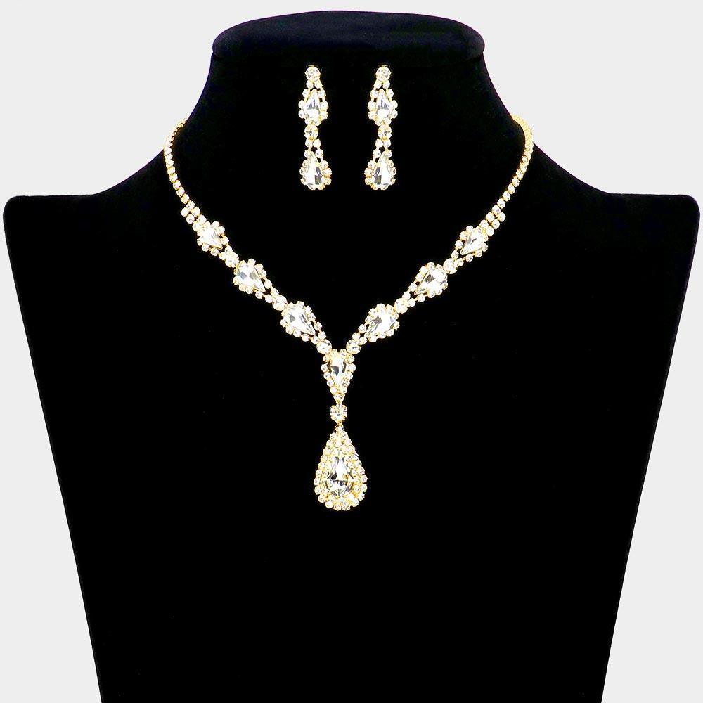 Gold Teardrop Stone Accented Rhinestone Necklace - Jewelry Store by Erik Rayo