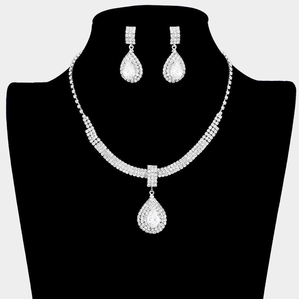 Silver CZ Teardrop Accented Rhinestone Necklace