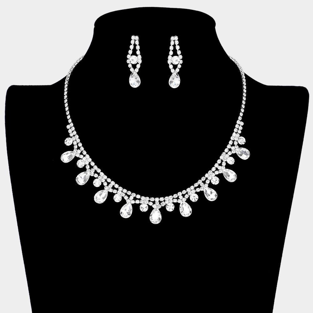 Silver Teardrop Accented Rhinestone Necklace