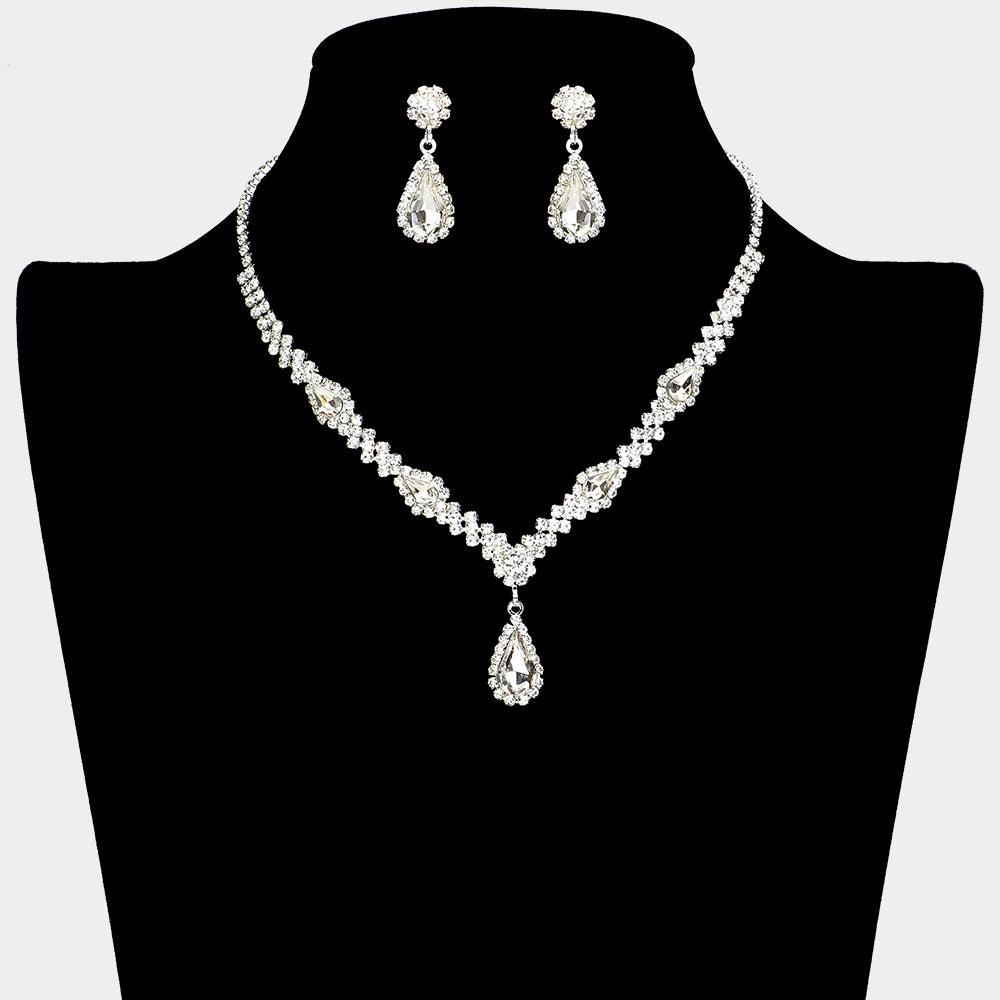 Silver Teardrop Stone Pendant Pointed Necklace Rhinestone Paved