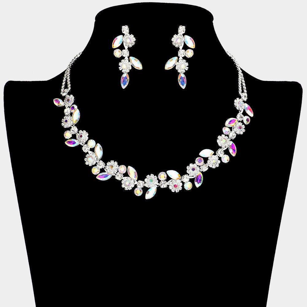 Silver Marquise Stone Cluster Flower Necklace Rhinestone Paved - Jewelry Store by Erik Rayo