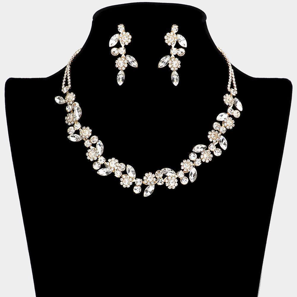 Gold Marquise Stone Cluster Flower Necklace Rhinestone Paved - Jewelry Store by Erik Rayo