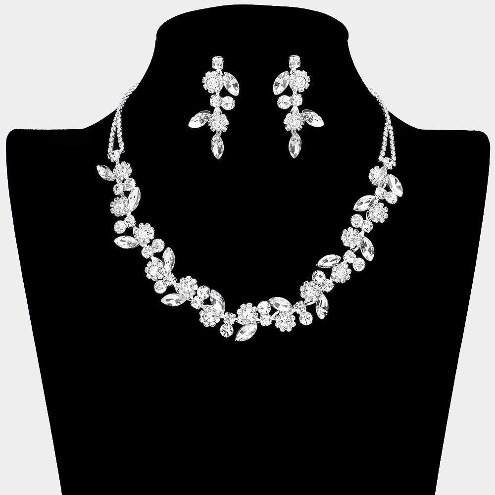 Silver Multi Stone Floral Rhinestone Necklace