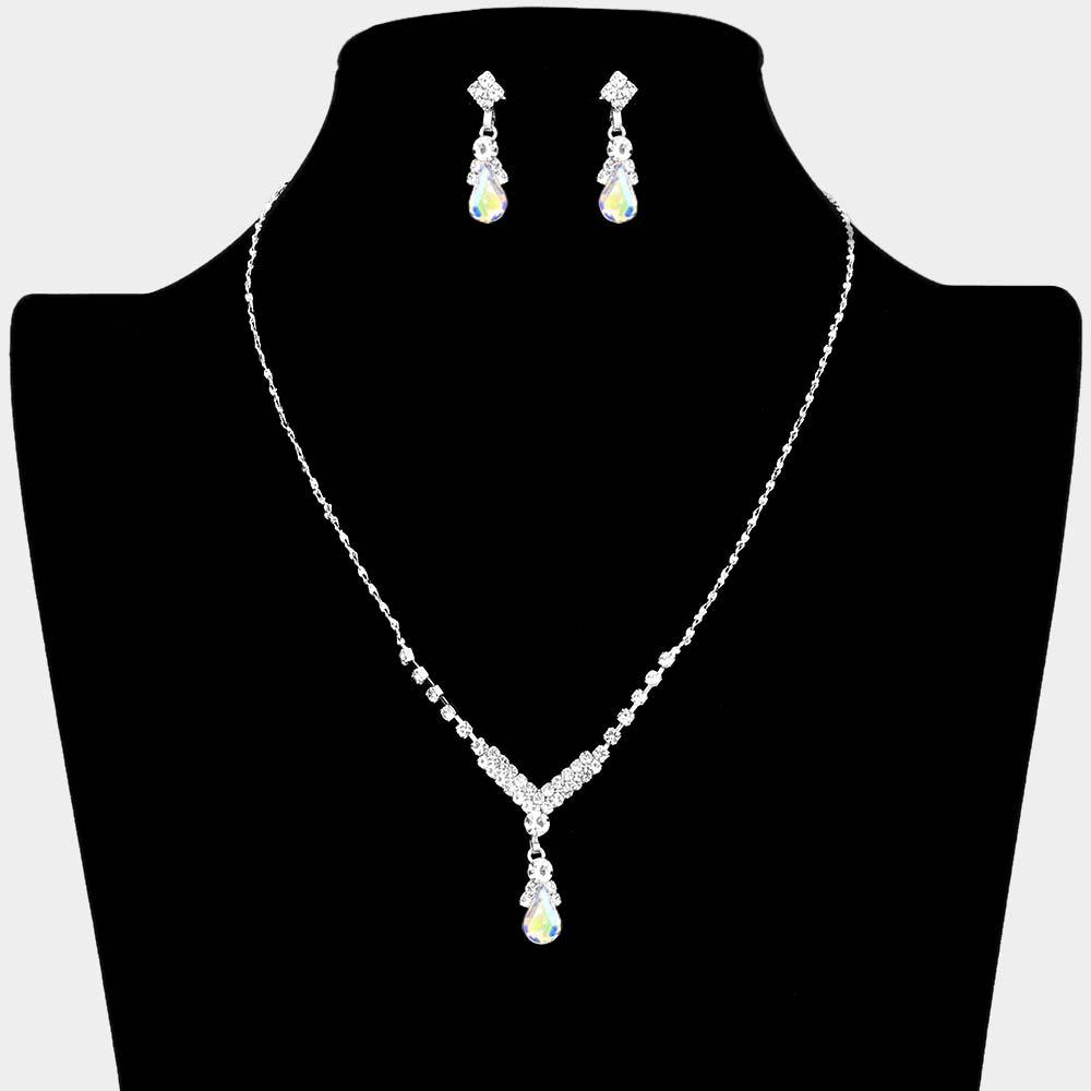 Silver Teardrop Pendant Crystal Rhinestone Necklace