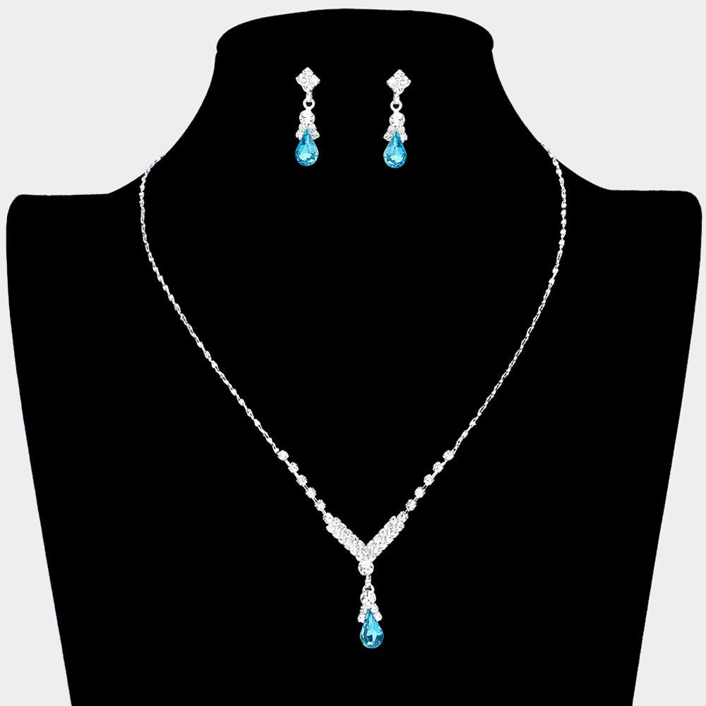 Silver Pave Crystal Rhinestone Teardrop Dangle Necklace