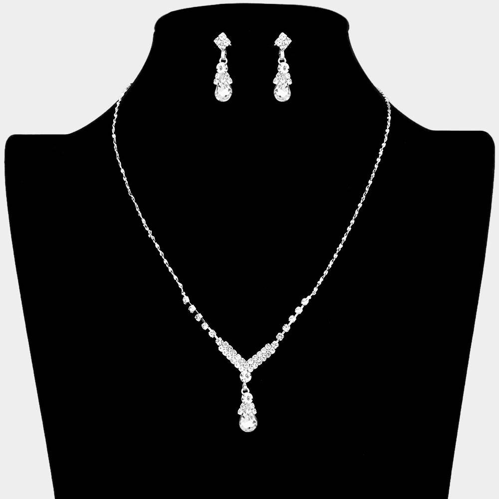 Silver Pave Crystal Rhinestone Teardrop Dangle Necklace